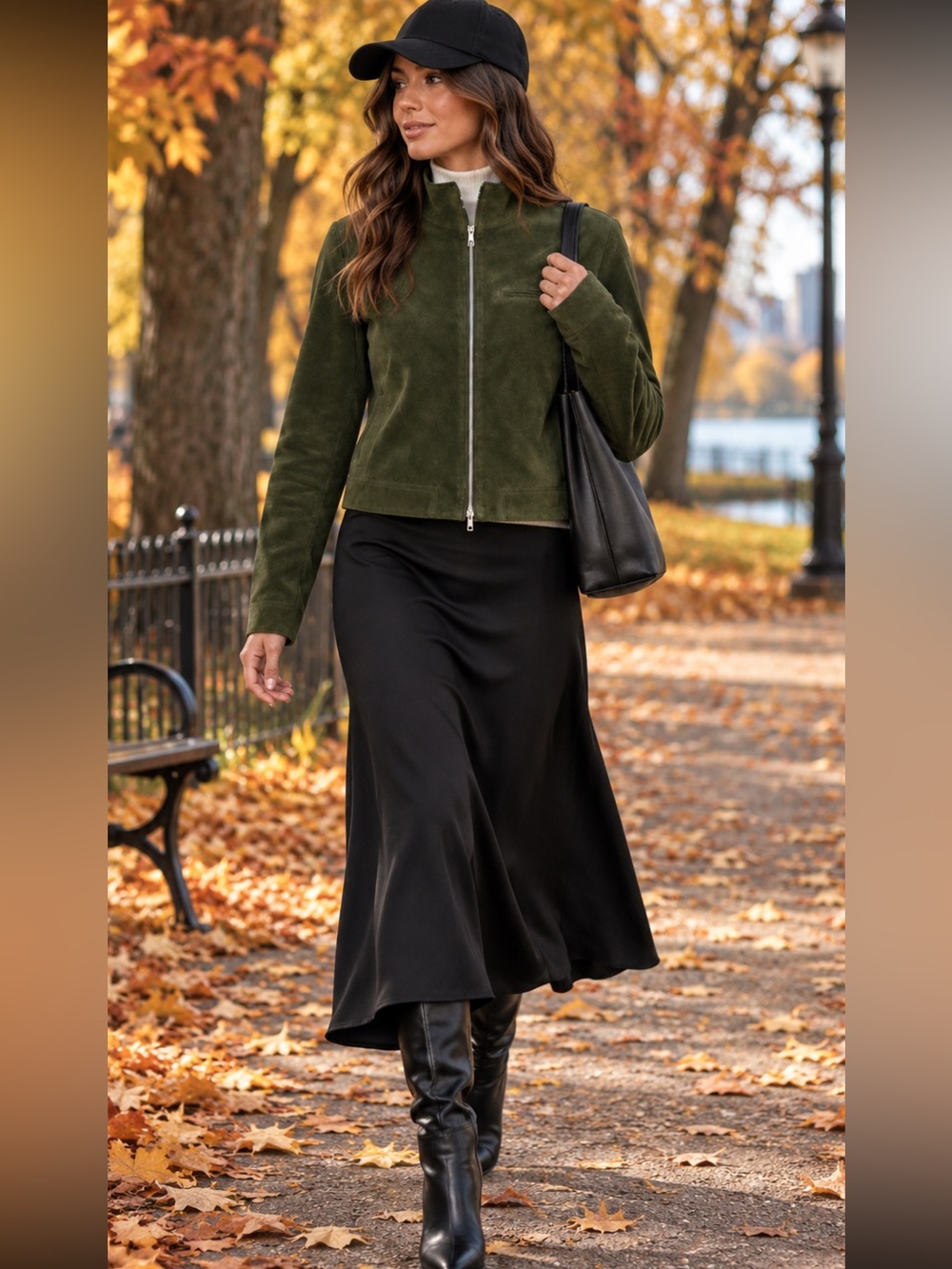 Suede Funnel Neck Olive Green Zip-Front Faux Suede Jacket stylish large NWT